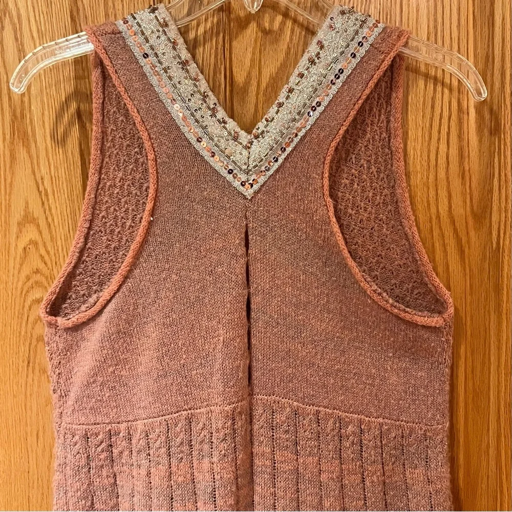 Vintage Free People Embellished Sweater Vest Tunic Top Dress Dusty Rose Sz Small